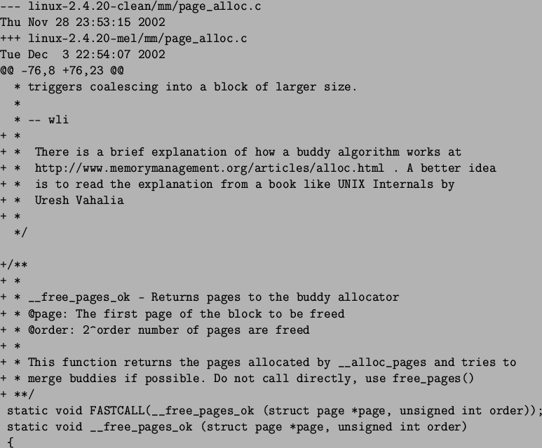 \begin{figure}\begin{center}
\vbox{\begin{verbatim}--- linux-2.4.20-clean/mm/p...
...truct page *page, unsigned int order)
{\end{verbatim}}
\end{center}\end{figure}